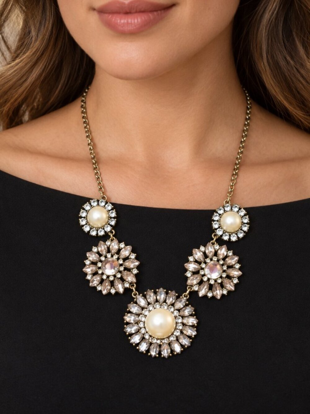Rhinestone Faux Pearl Floral Statement Necklace Bridal Wedding Glam Bib